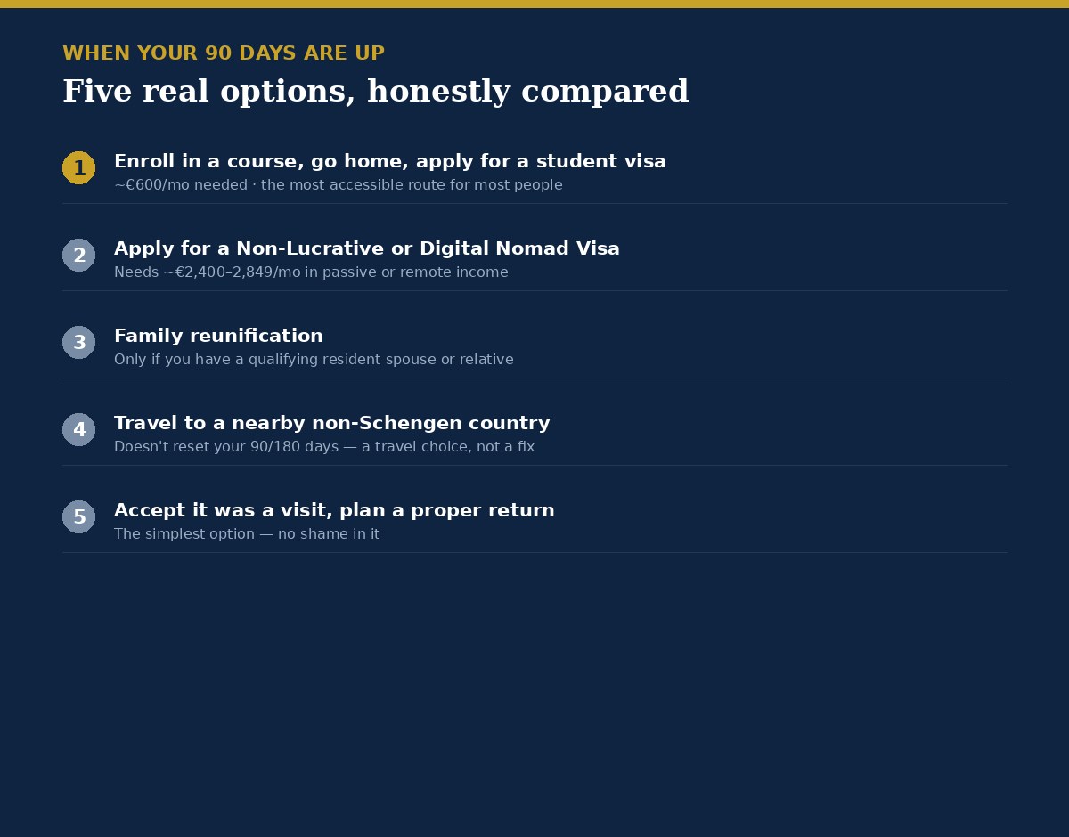 Five real options when your 90 days in Spain are up: student visa, Non-Lucrative Visa, Digital Nomad Visa, family reunification, travel to a non-Schengen country, or plan a return